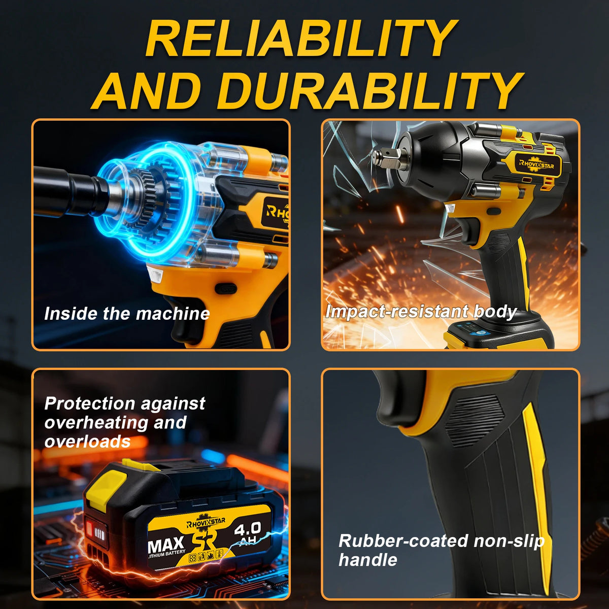 RhovixStar 20V Brushless Cordless Impact Wrench, 1/2-Inch Drive