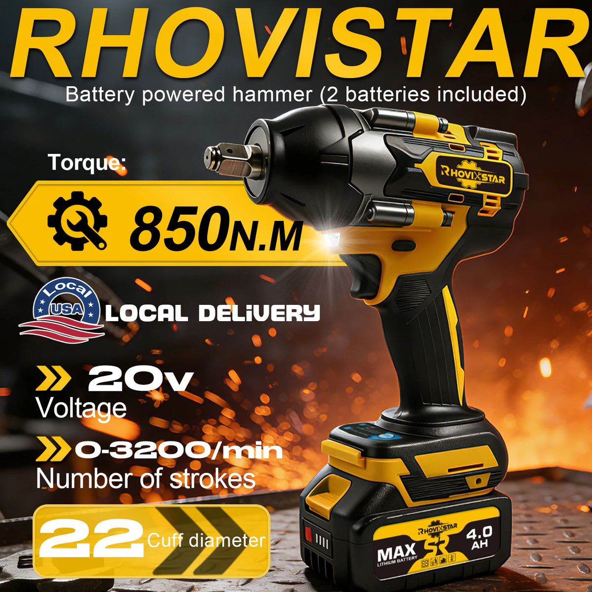 RhovixStar 20V Brushless Cordless Impact Wrench, 1/2-Inch Drive