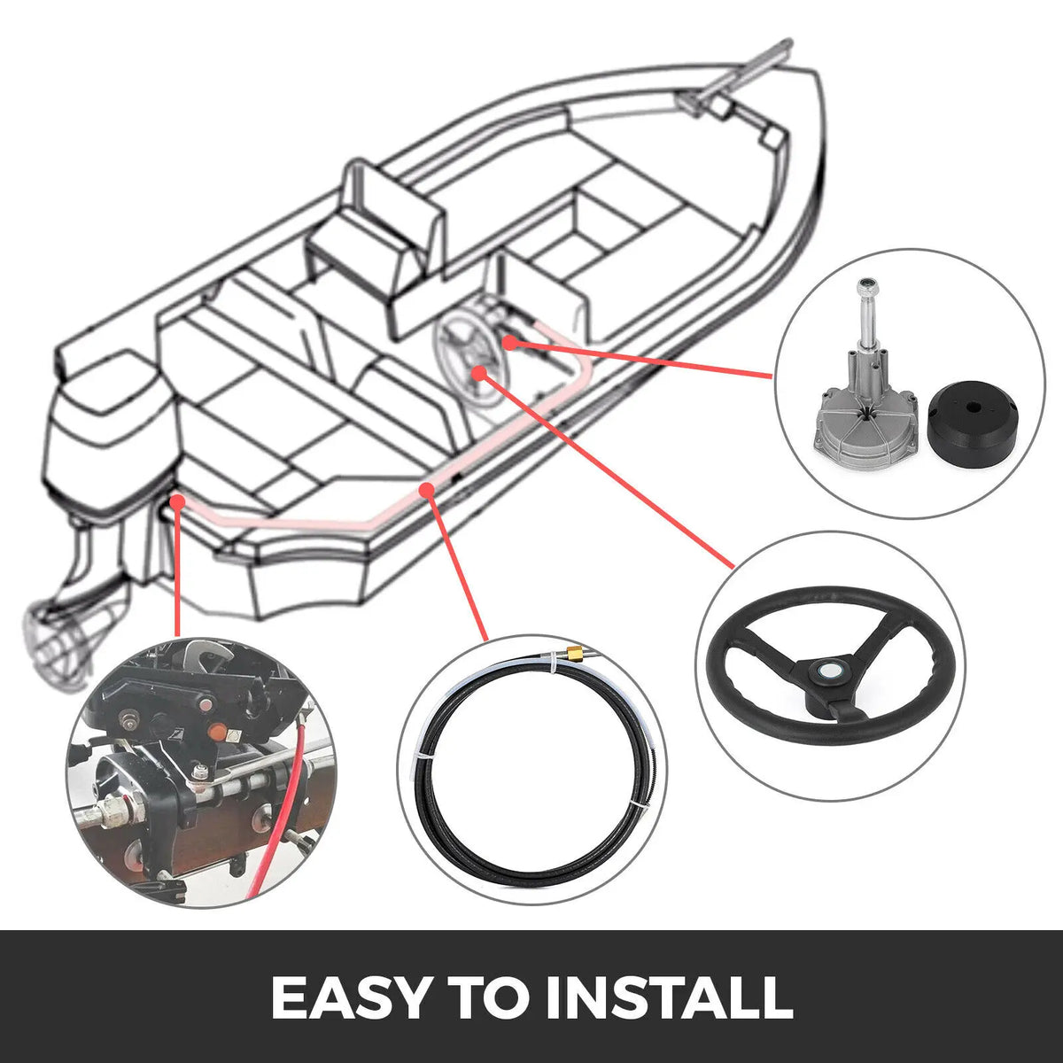 Complete Marine Steering System For Boats Featuring Mechanical Cable