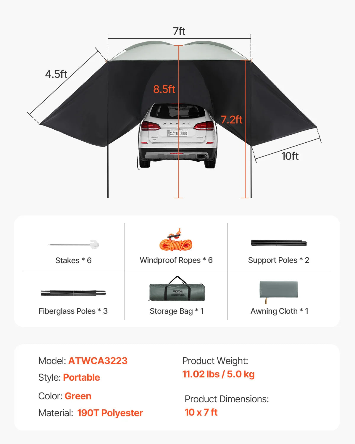 SucceBuy Retractable Vehicle Awning With Waterproof Bag And Carry Case