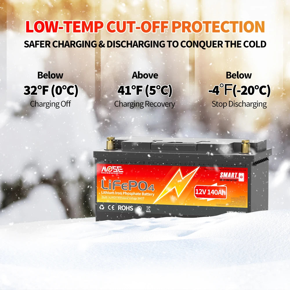 Moseworth 12V 140Ah LiFePO4 Deep Cycle Bluetooth Battery