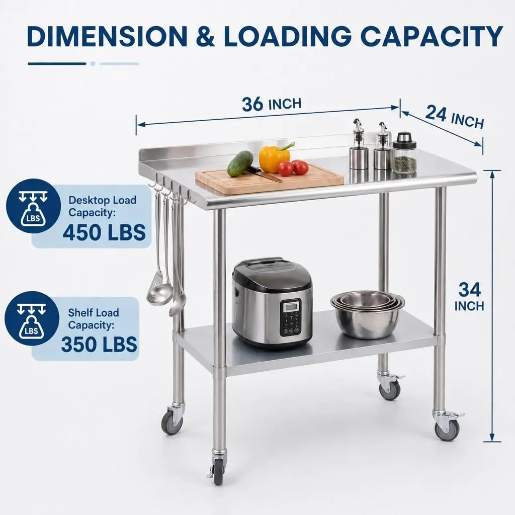 Stainless Steel Commercial Prep Table With Casters And Adjustable Undershelf