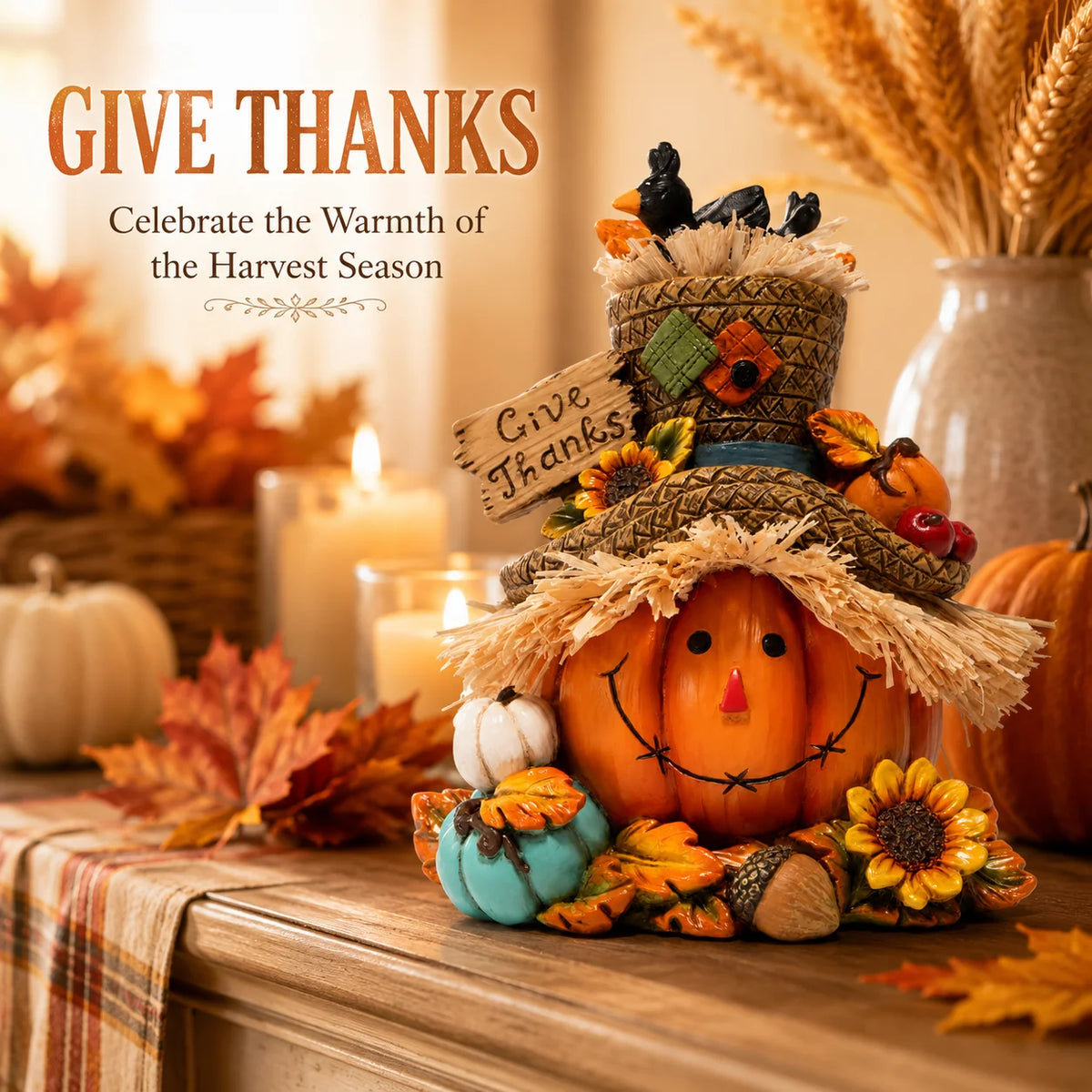 Hodao Resin Thanksgiving Scarecrow Figurine With Give Thanks Sign