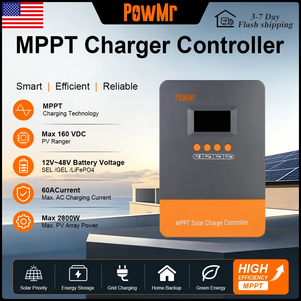 PowMr 60A MPPT Solar Charge Controller 12V 24V 48V 160V