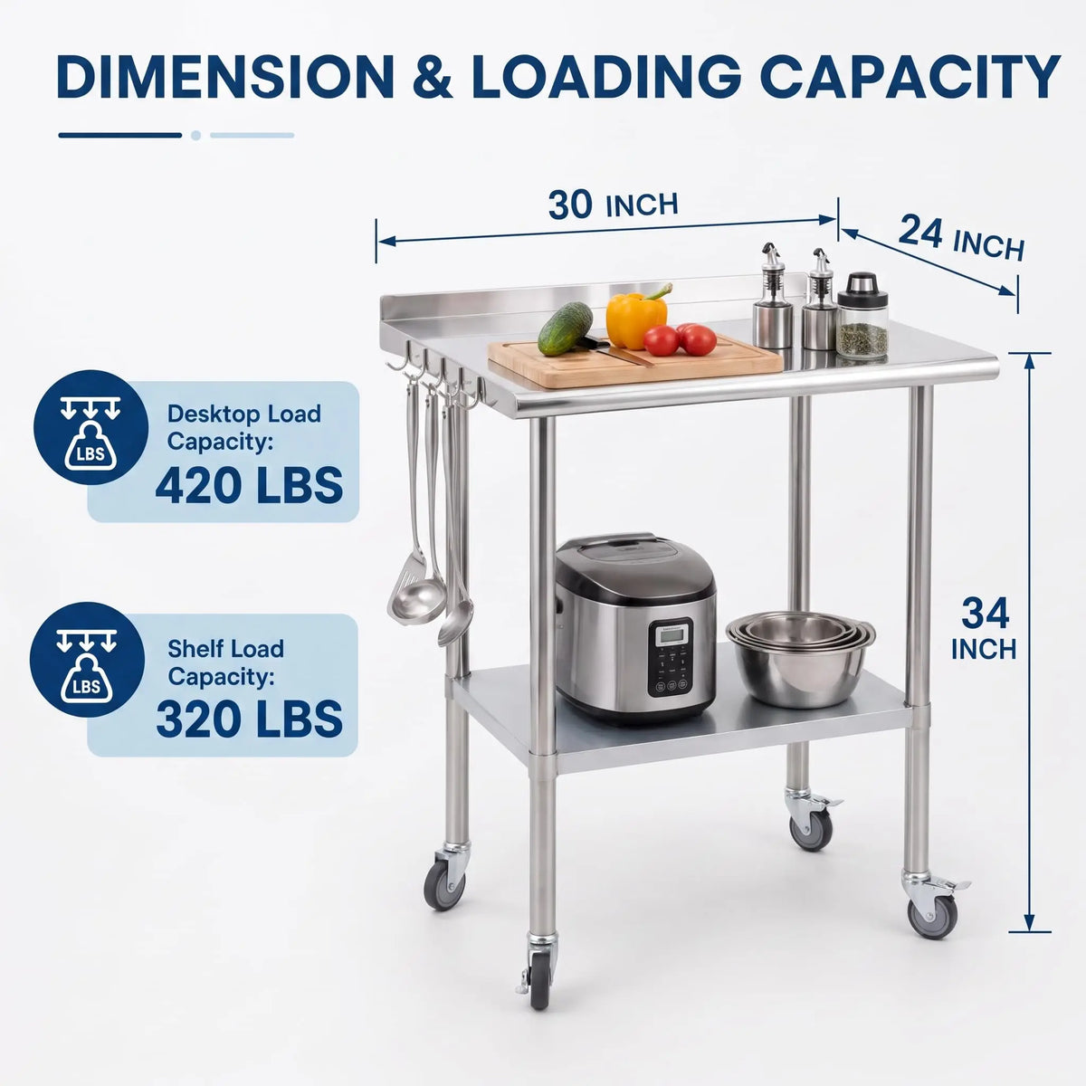 Stainless Steel Commercial Prep Table With Casters And Adjustable Undershelf