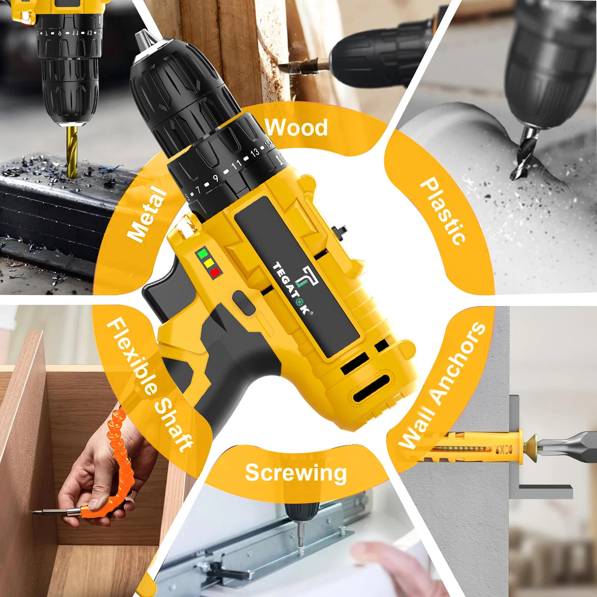 TEGATOK Cordless Electric Screwdriver With LED Light Dual Speed Drive