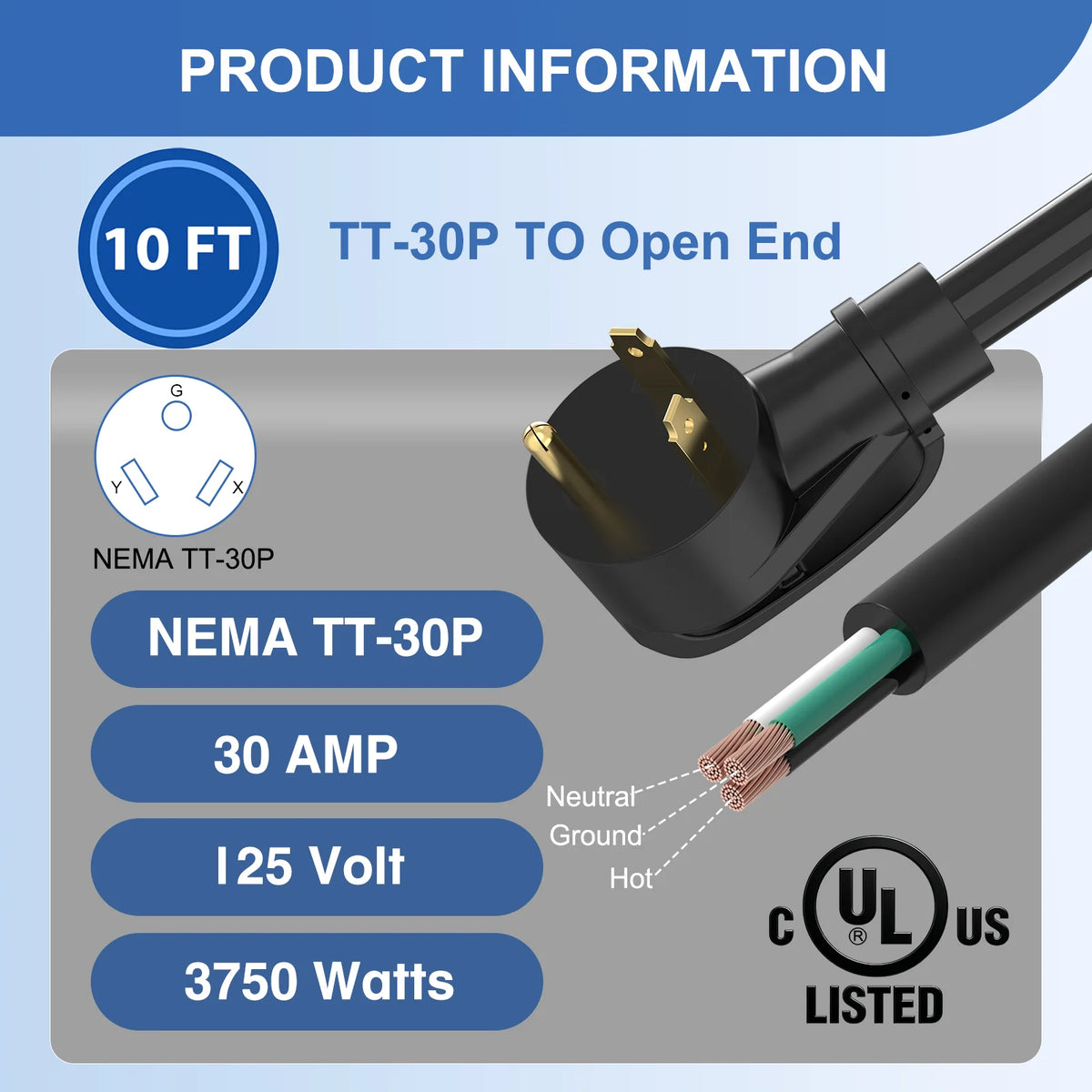 RV Replacement Power Cord with TT-30P Plug and Open End