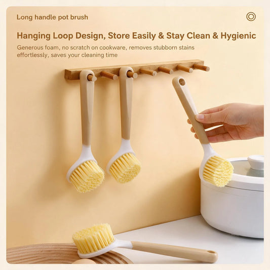 Two Piece Long Handle Kitchen Pot Brush And Scrubber Set