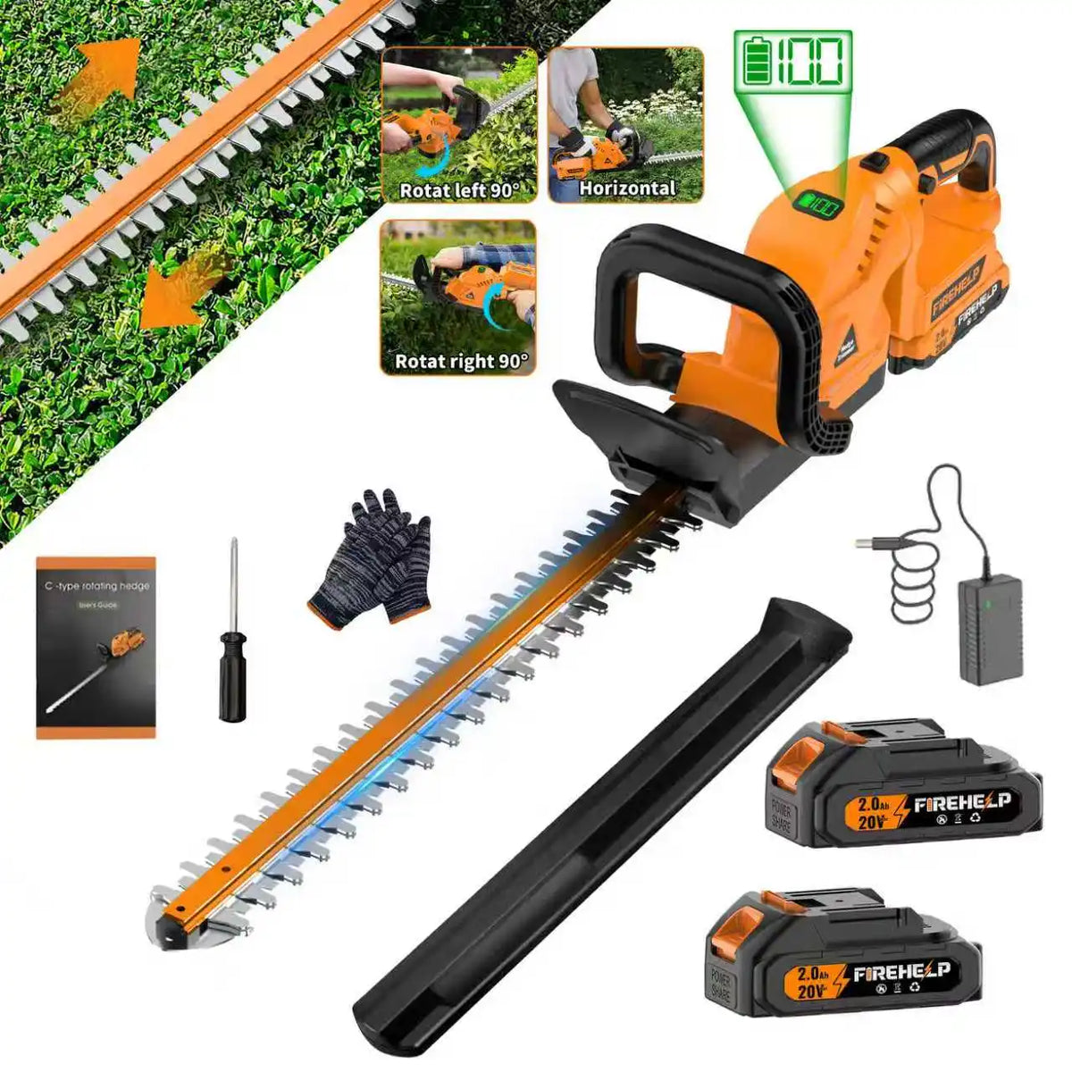 Firehelp Cordless Rechargeable Hedge Trimmer With Batteries Included