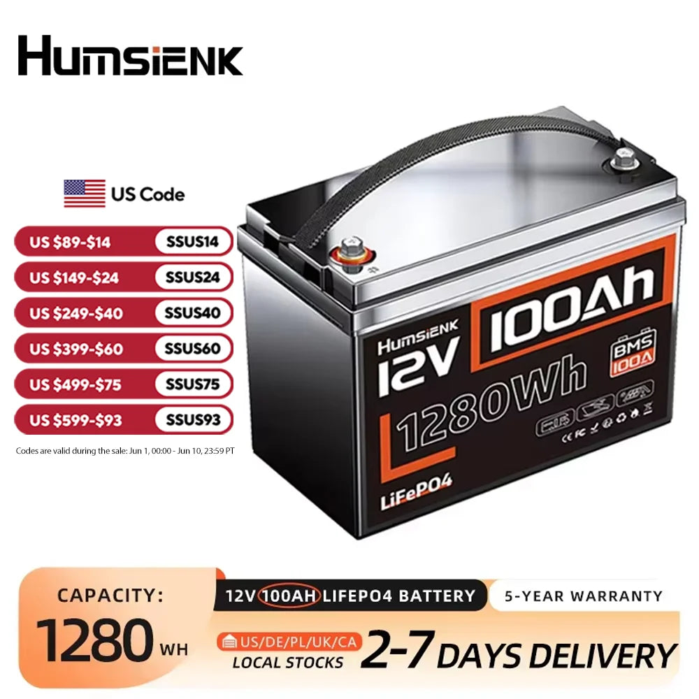 Humsienk LiFePO4 12V 100Ah Lithium Battery Solar Storage Unit