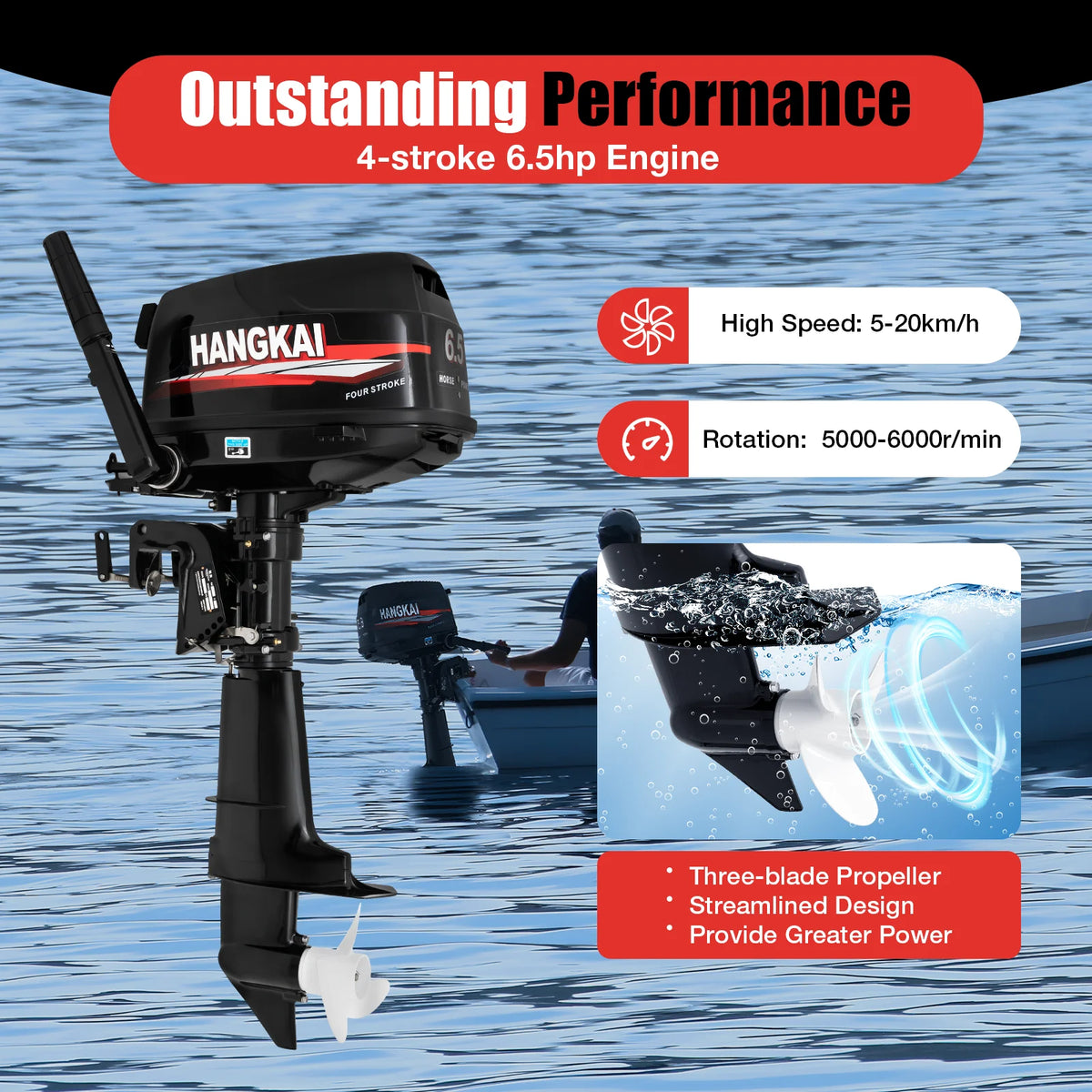 Bymaocar 6.5 Horsepower Gasoline Four Stroke Outboard Motor Short Shaft