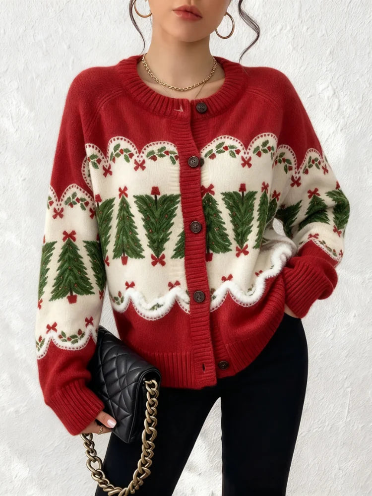 Women's Vintage Christmas Cardigan Sweater Retro Button Up Holiday Top