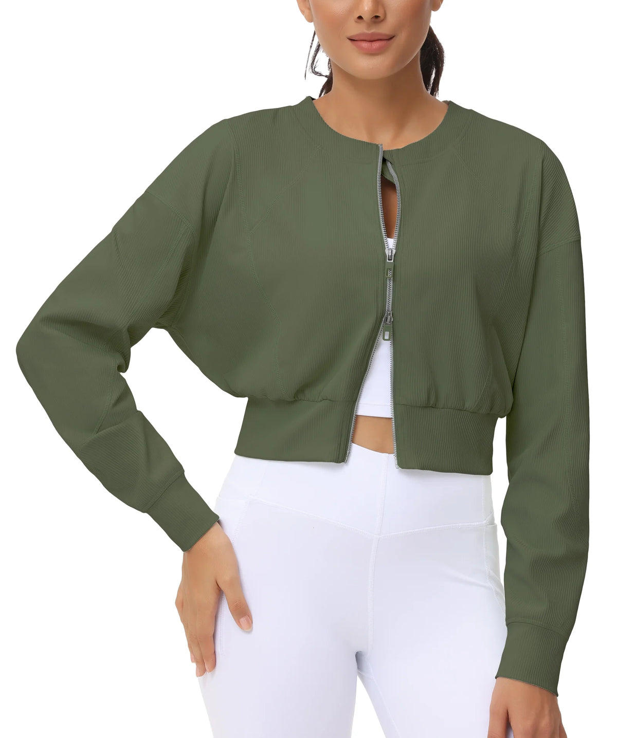 The Gym People Women Lightweight Ribbed Cropped Zip Jacket