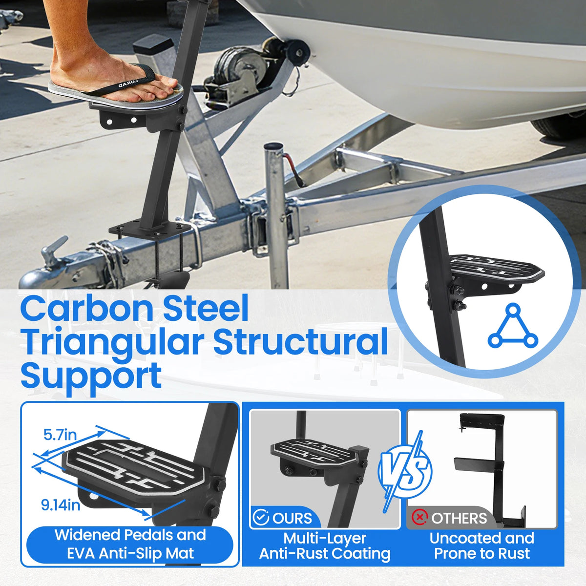 Heavy Duty Steel Boat Trailer Step with Handrail 500 lbs