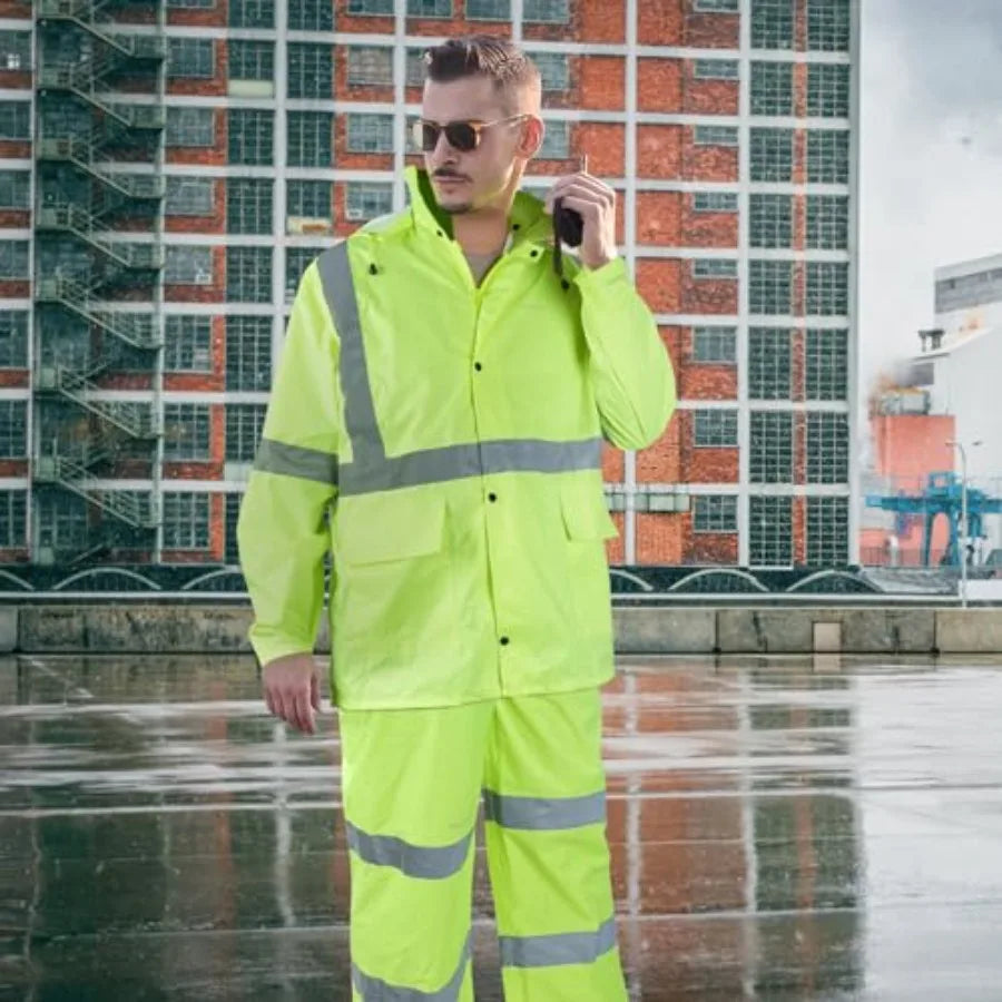 Men's Waterproof Rain Suit With High Visibility Reflective Work Gear