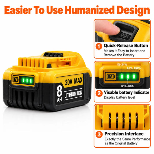 8.0Ah Replacement Battery for DeWalt 20V MAX Tools, Lithium-Ion