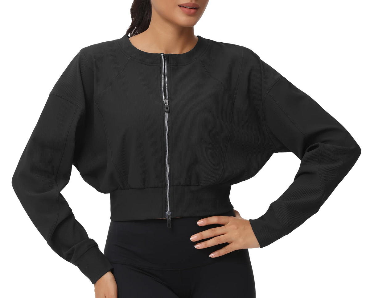 The Gym People Women Lightweight Ribbed Cropped Zip Jacket