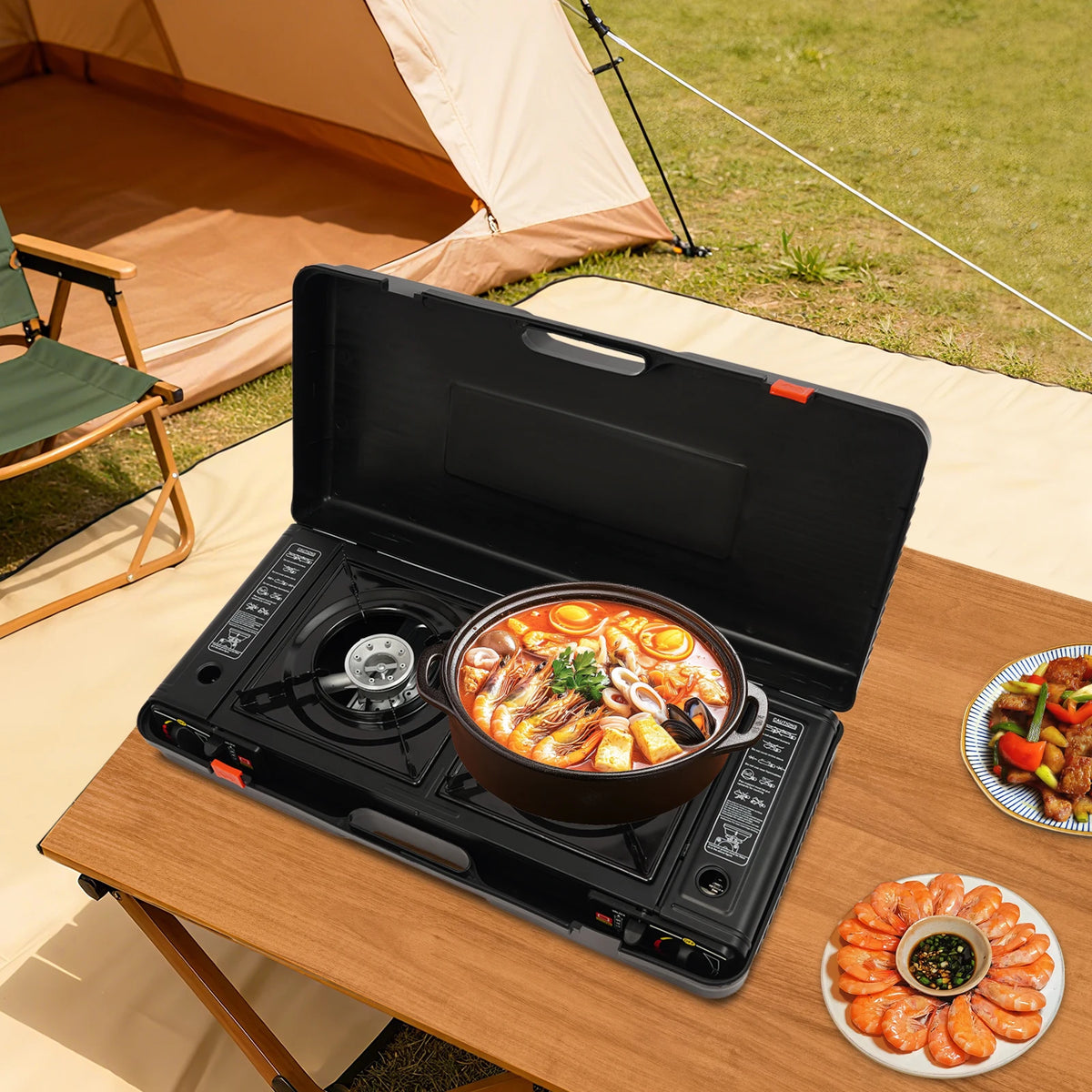 Portable Dual Burner Camping Stove With Auto Ignition Case
