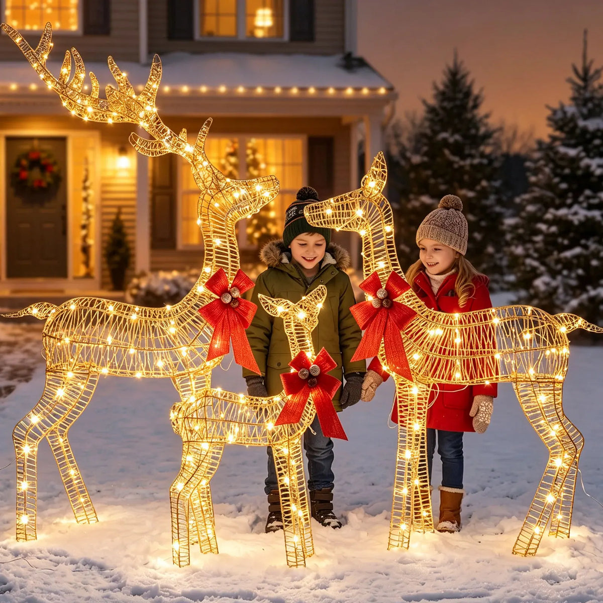 Outdoor Metal Lighted Christmas Deer Family Holiday Decoration