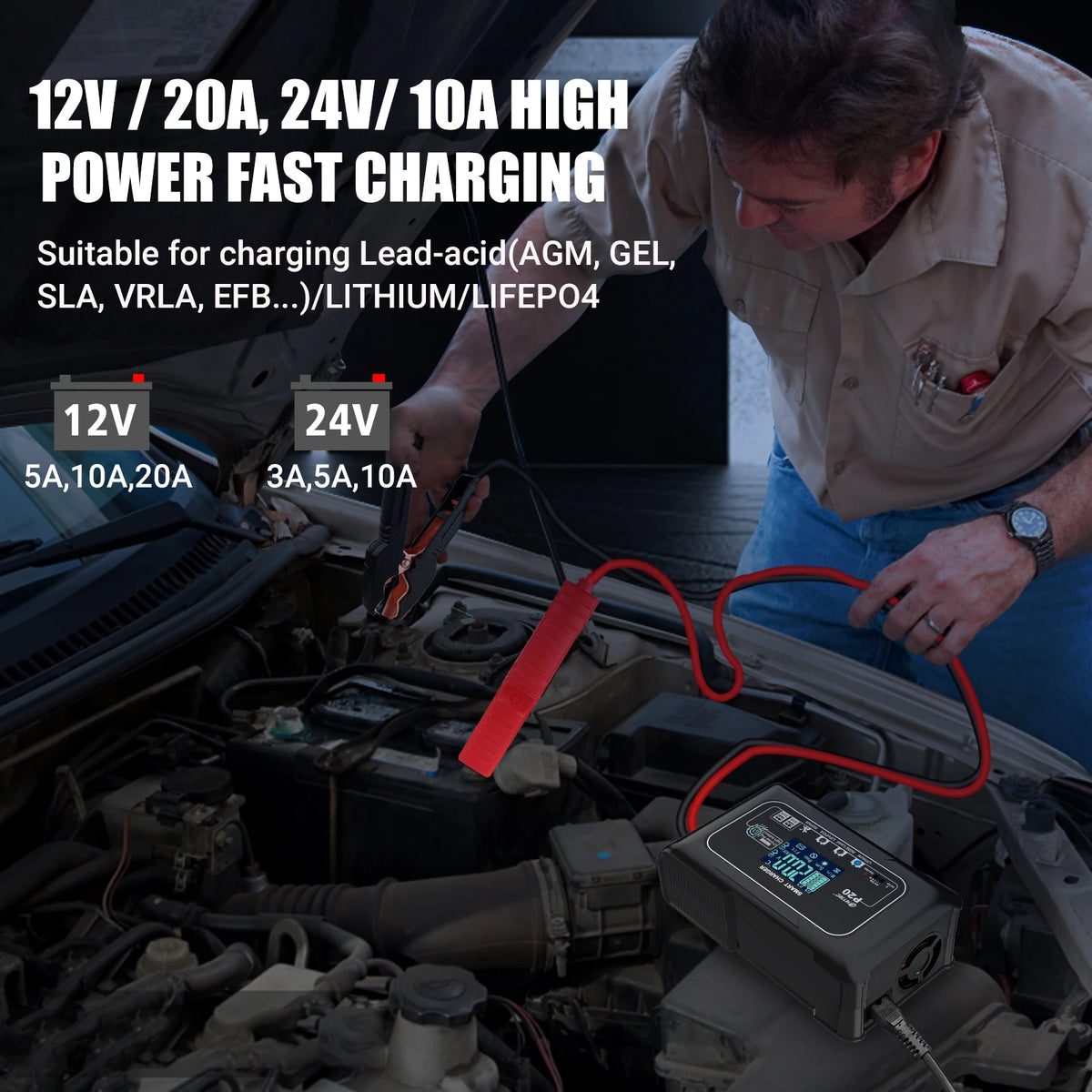 HTRC Automatic Car Battery Charger With Digital Display For Vehicles