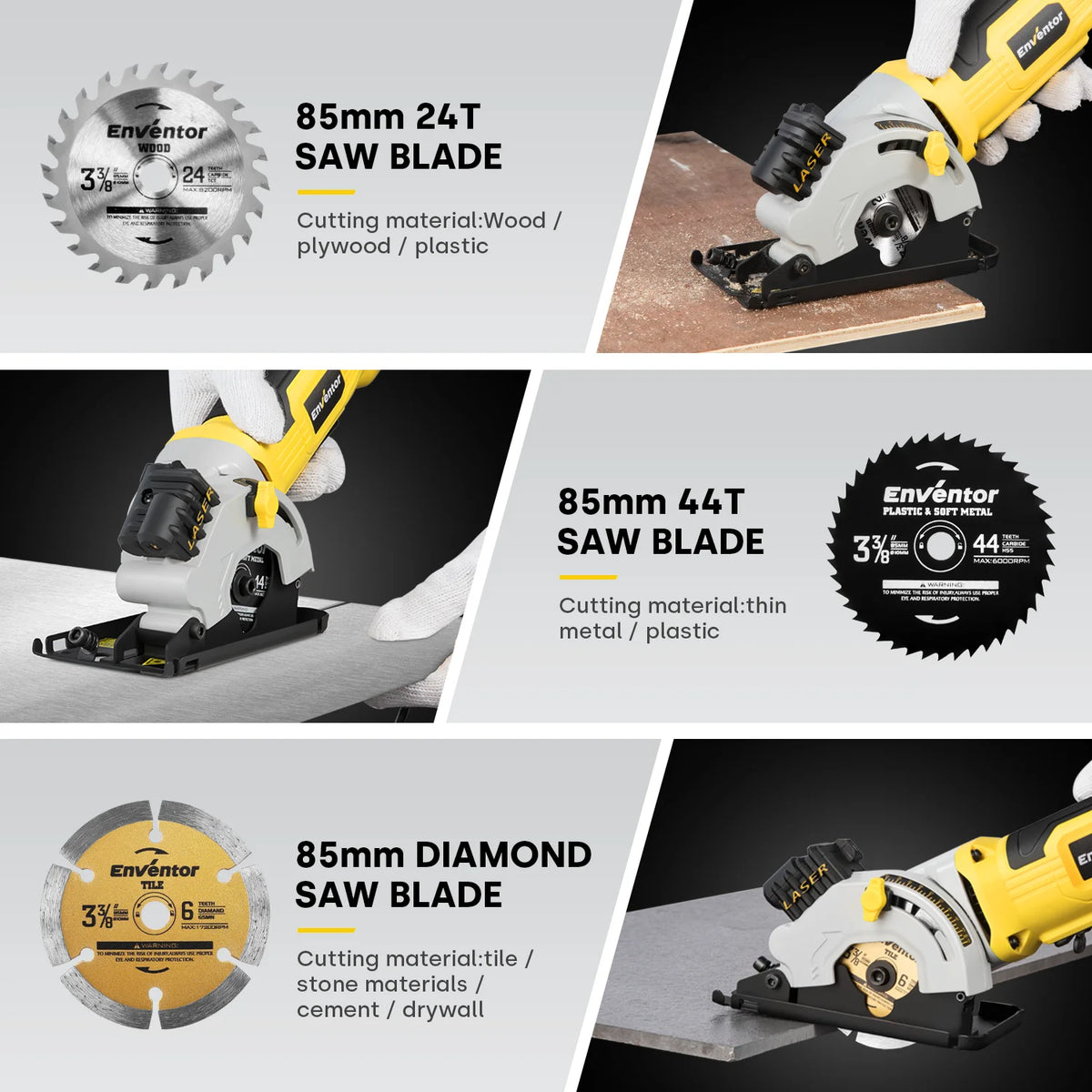 Enventor Mini Circular Saw 580W 4000RPM For Wood 3 Blades