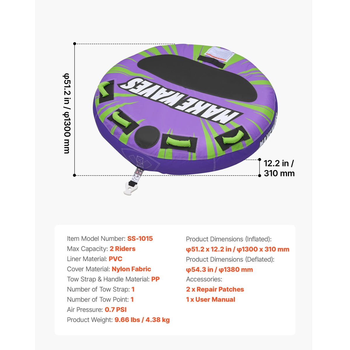 SucceBuy Two Rider Inflatable Towable Tube For Boating Adventures