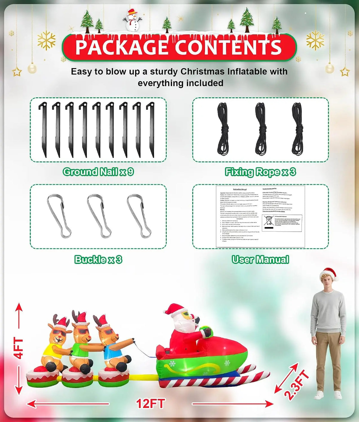 SHXI Christmas Inflatable Santa Claus Sleigh And Reindeer Display