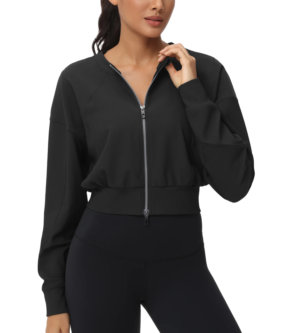 The Gym People Women Lightweight Ribbed Cropped Zip Jacket