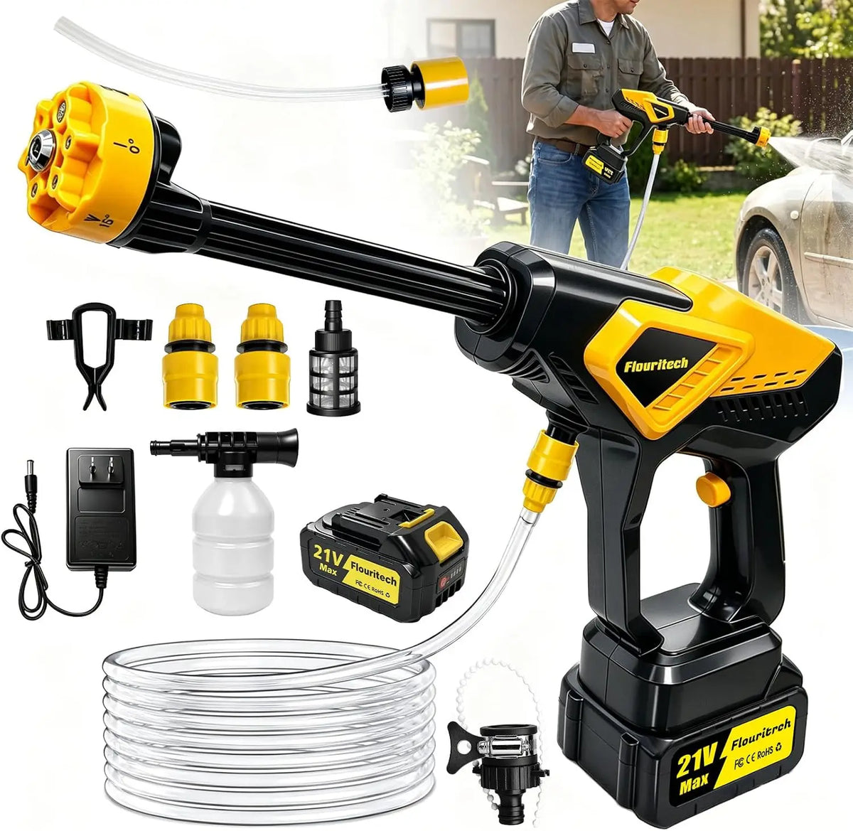 Cordless Portable Power Washer With 6in1 Nozzle And 1450 Psi