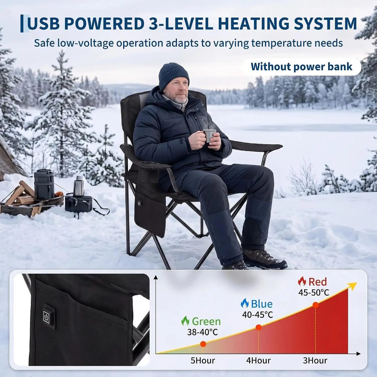 HiMISS Heated Folding Camping Chair With Cup Holder Zones