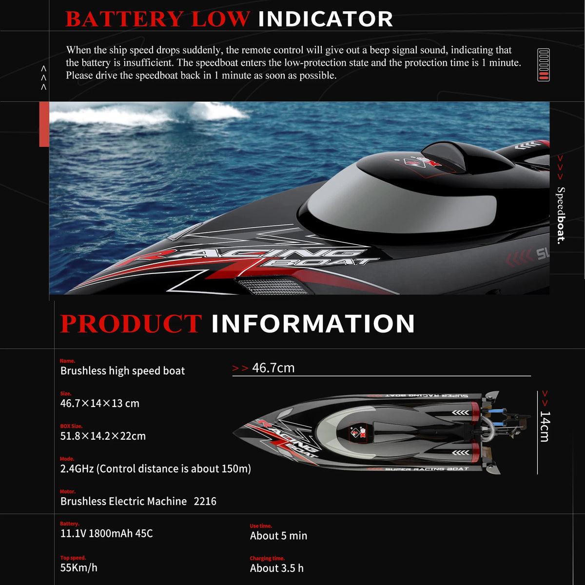Jikefun Brushless RC Boat 55KMH Racing Speedboat With Two Batteries