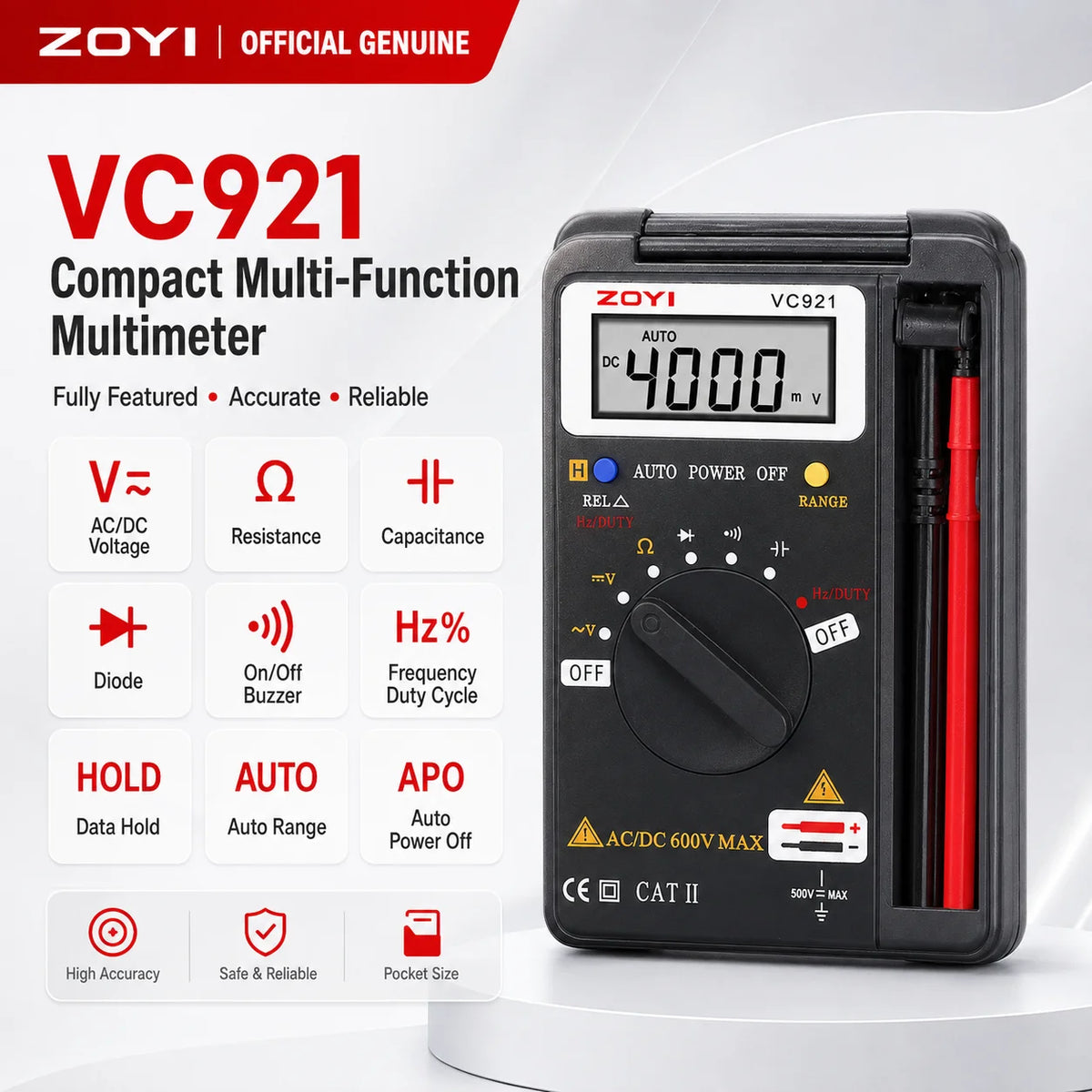 ZOYI Auto Range Digital Multimeter AC DC Pocket Voltmeter