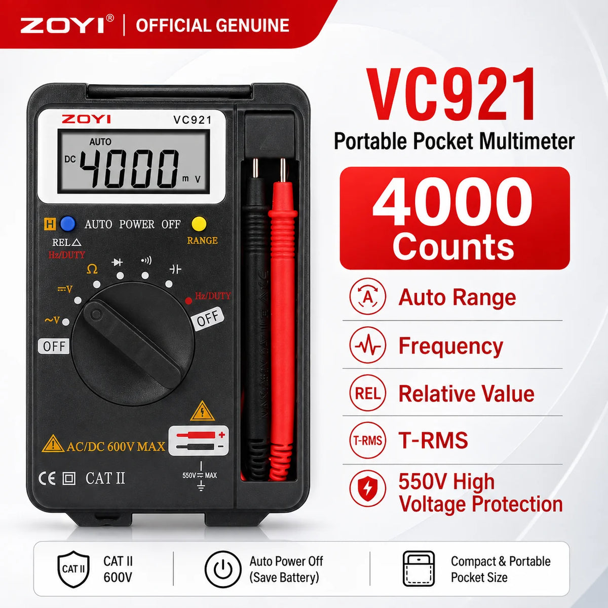 ZOYI Auto Range Digital Multimeter AC DC Pocket Voltmeter