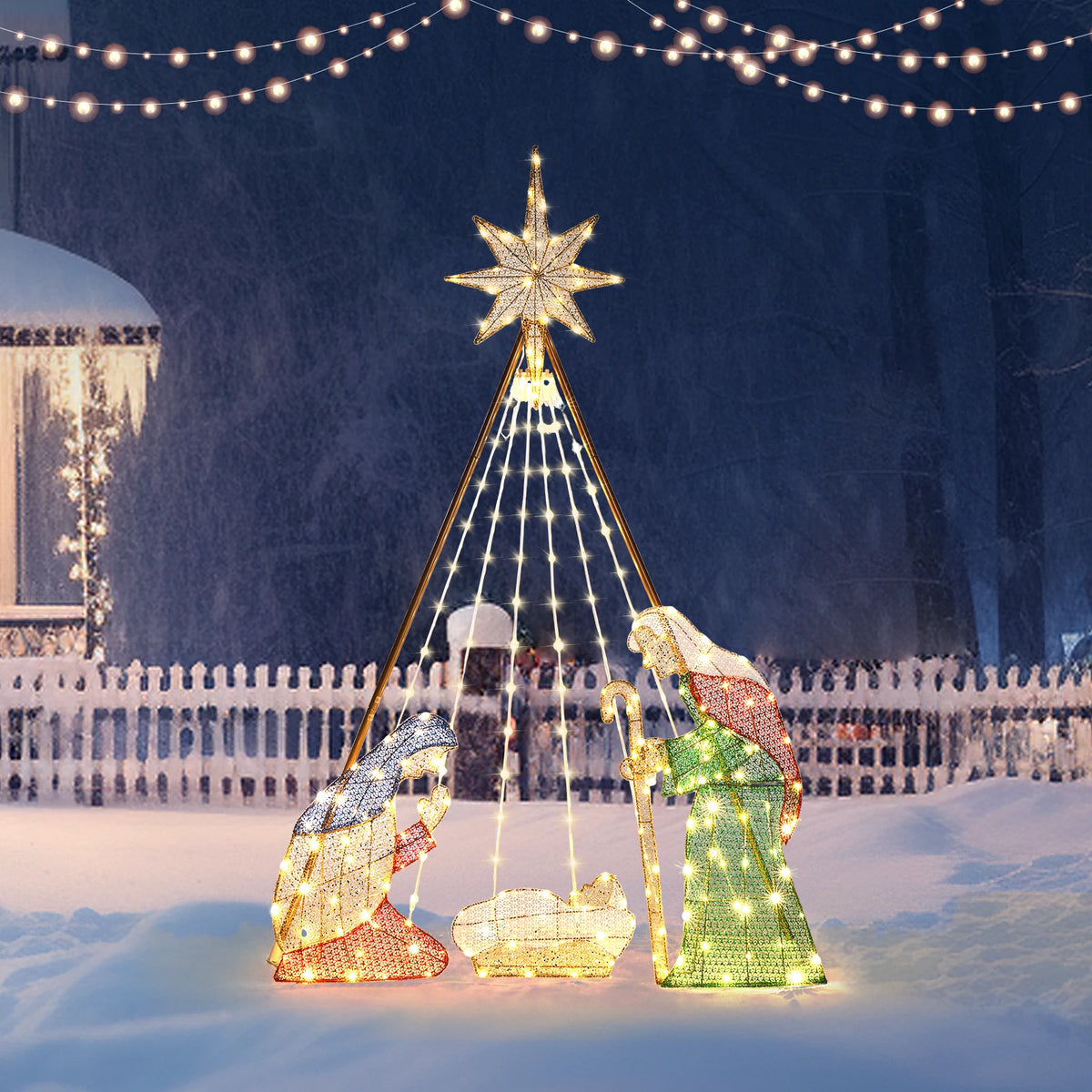 Lighted Nativity Scene Christmas Yard Sign With String Lights