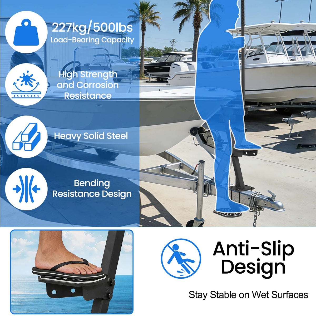 Heavy Duty Steel Boat Trailer Step with Handrail 500 lbs