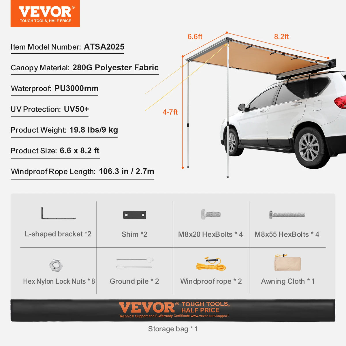 SucceBuy Retractable Vehicle Awning With Waterproof Bag And Carry Case