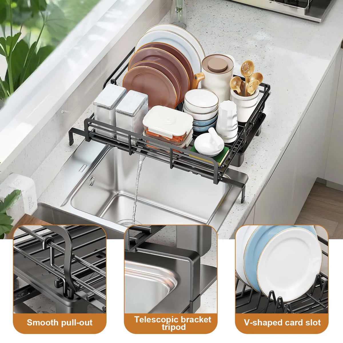 EliteZ Stainless Steel Extendable Dish Rack With Drainboard