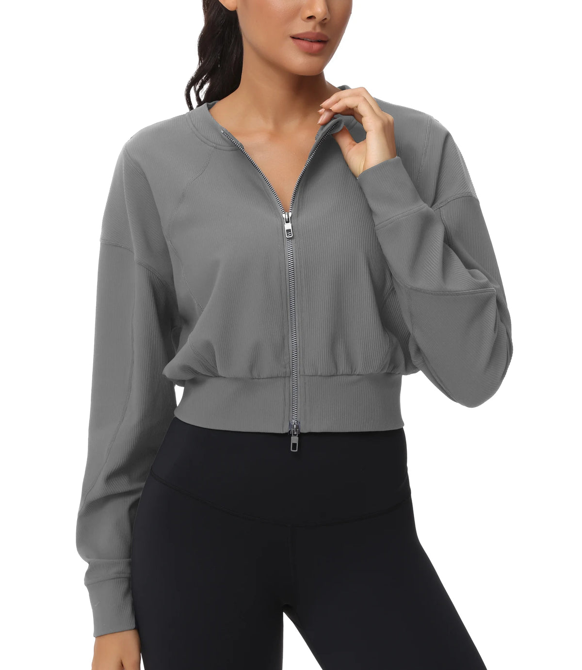 The Gym People Women Lightweight Ribbed Cropped Zip Jacket