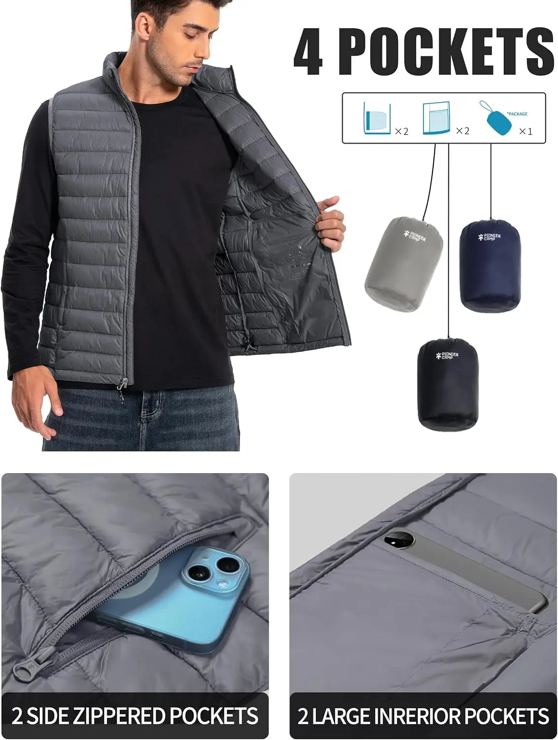 Pioneer Camp Men Packable Water Repellent Quilted Puffer Vest