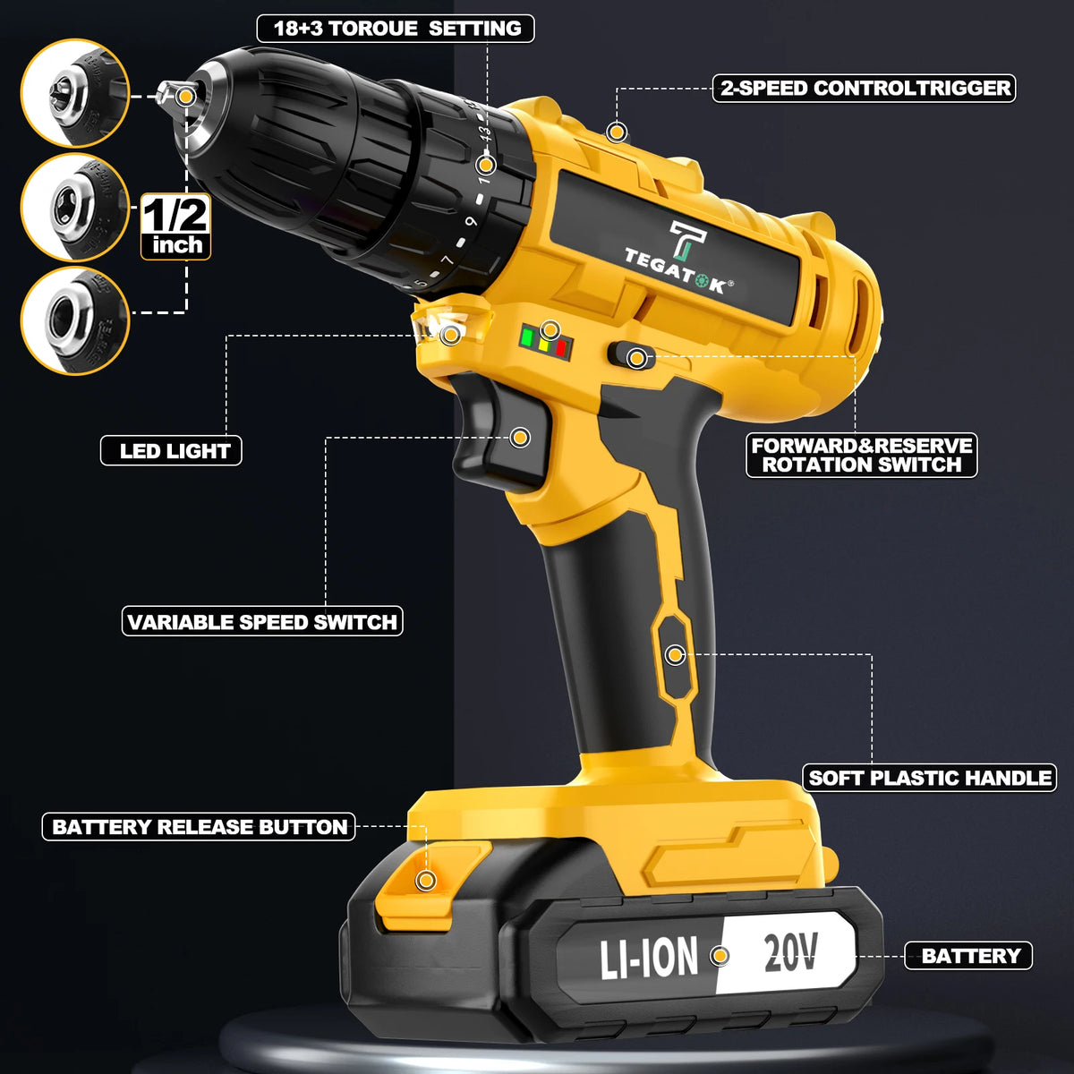 TEGATOK Cordless Electric Screwdriver With LED Light Dual Speed Drive