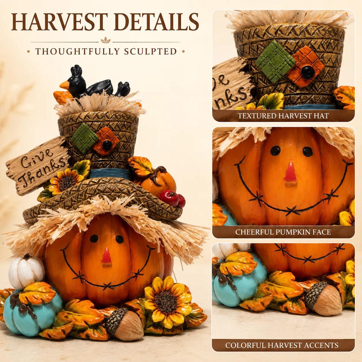 Hodao Resin Thanksgiving Scarecrow Figurine With Give Thanks Sign