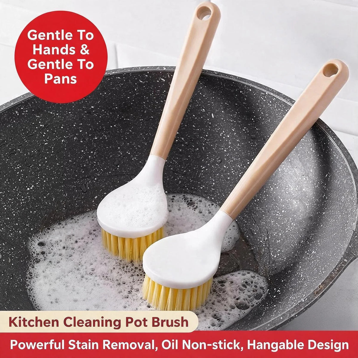 Two Piece Long Handle Kitchen Pot Brush And Scrubber Set