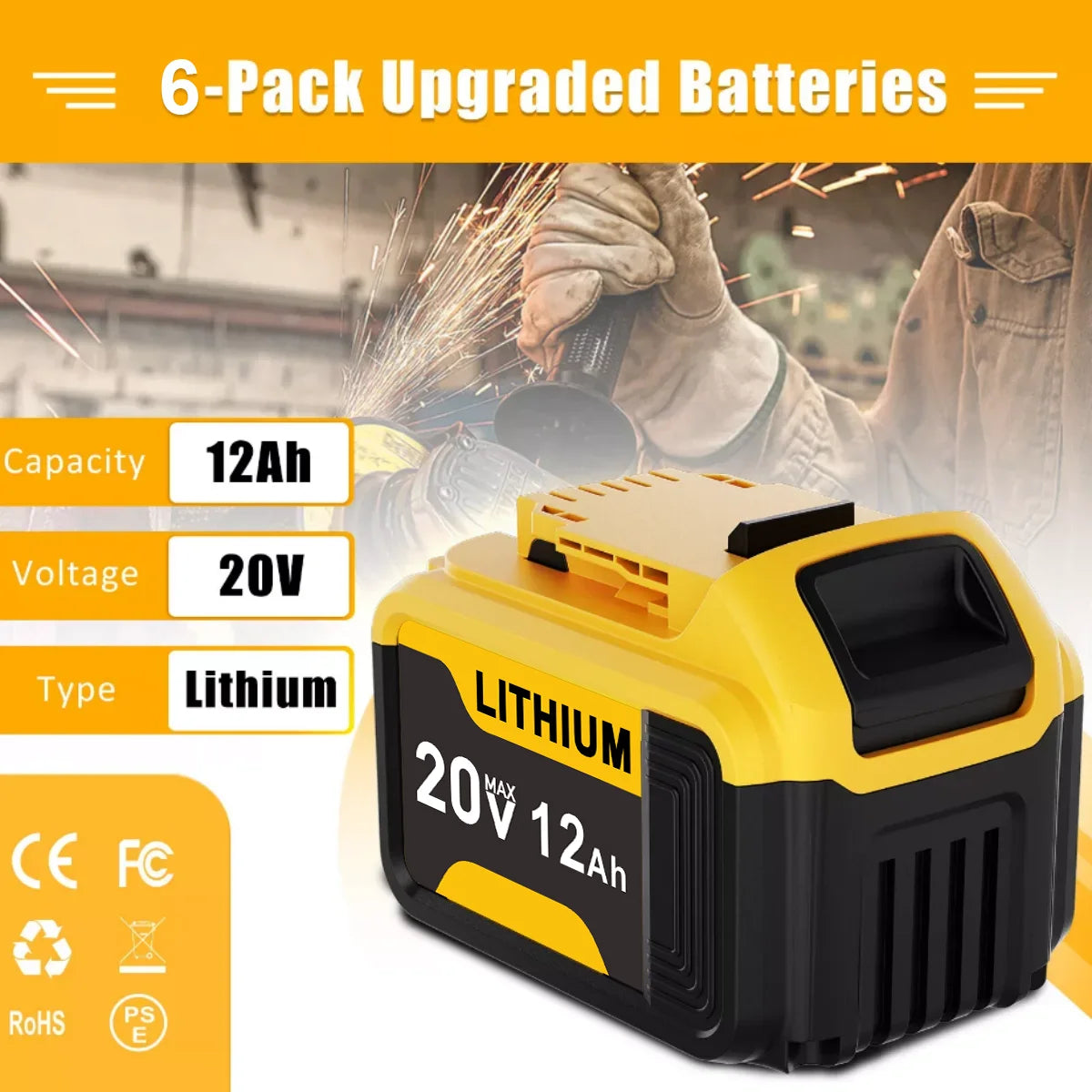 Six Pack 12Ah 20V Replacement Battery For DeWalt Power Tools