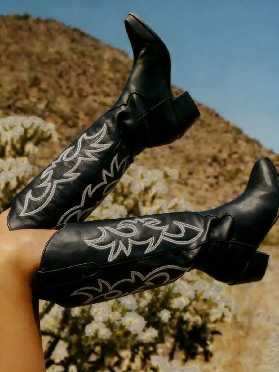Women's Western Boots with Square Chunky Heel Embroidered Pointed Toe