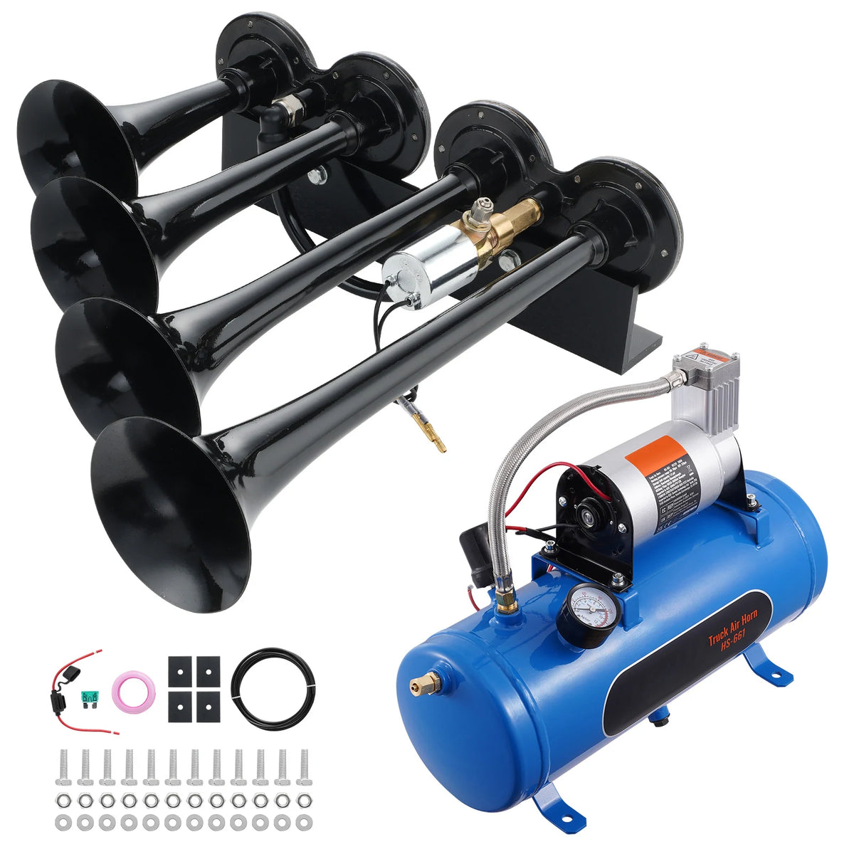 Four Trumpet Air Horn Kit With Compressor And Storage Tank