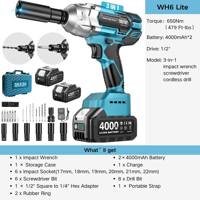 Seesii Cordless Impact Wrench And Brushless Drill Kit