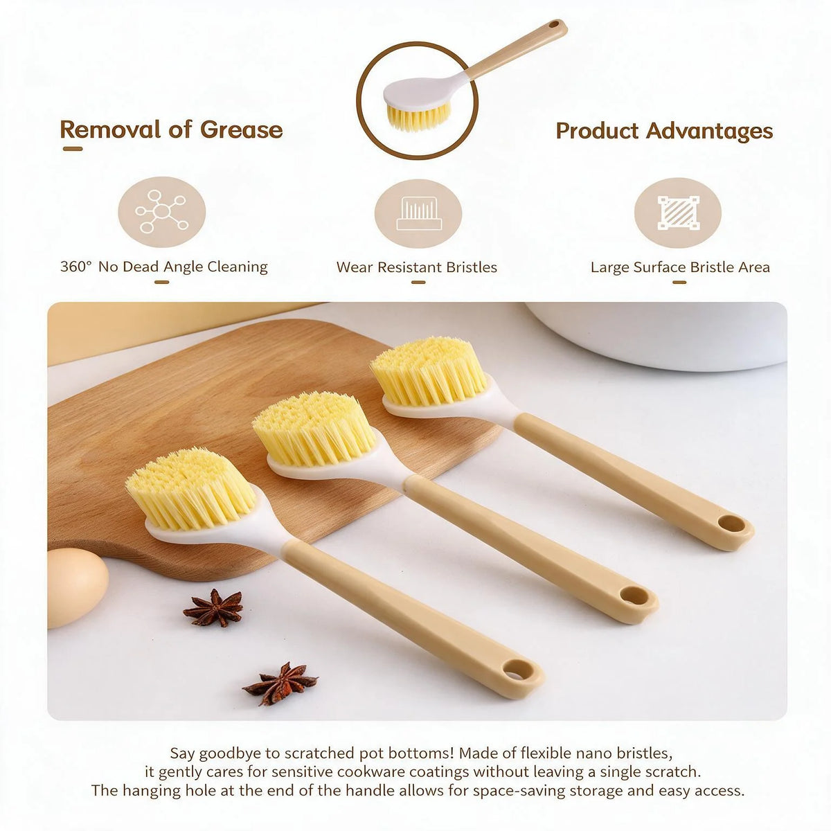 Two Piece Long Handle Kitchen Pot Brush And Scrubber Set