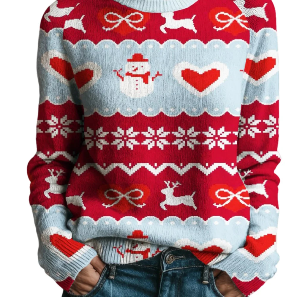Women Christmas Sweater Reindeer Snowman Jacquare Knit Pullover Bow