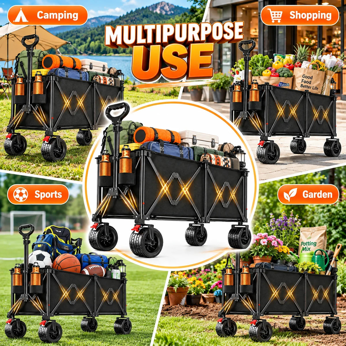 Heavy Duty Folding Wagon With Steel Frame And Wide Wheels