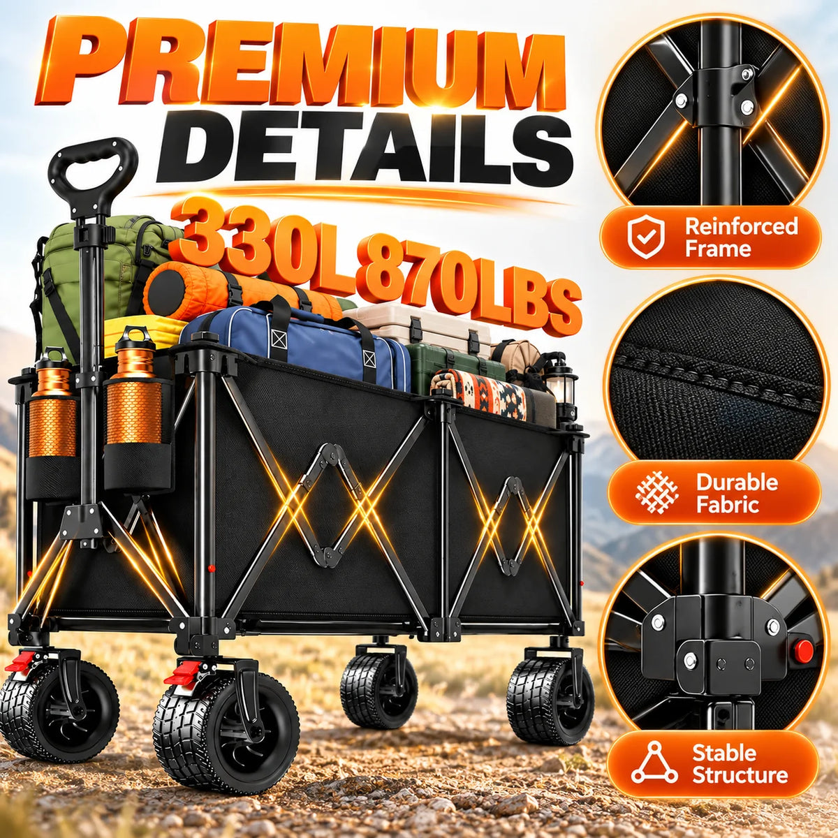 Heavy Duty Folding Wagon With Steel Frame And Wide Wheels